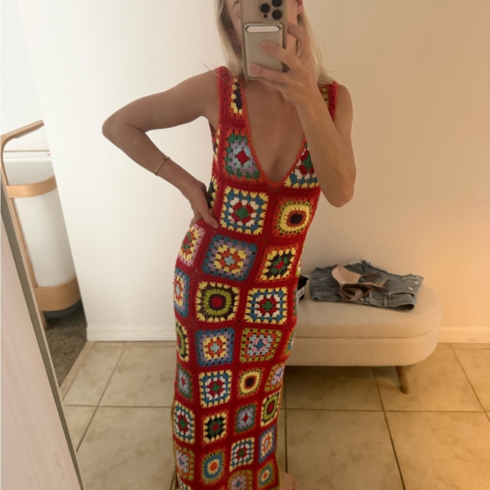 AKIRA Multicolor Crochet Knit Dress - Red, Orange, Green, Blue, Yellow - Picture 3 of 8